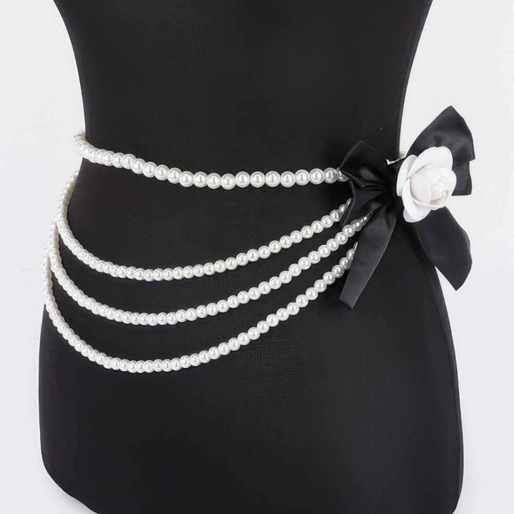 Layered Faux Pearl Flower Ribbon Belt